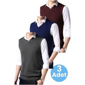 Resim Tezzgelsin 3'lü Erkek V Yaka Triko Tüylenmez Süveter Erkek Slim Fit Süveter Füme - Lacivert - Bordo 