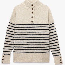 Resim Koton Uzun Kollu Dik Yaka Yarım Düğmeli Triko Oversize Çizgili Kazak Lacivert Çizgili 6wak90096ht 7s2 