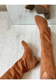 Resim SHOEBOURNE Camel Süet Western Tarzı Dizaltı Uzun Kadın Çizme 