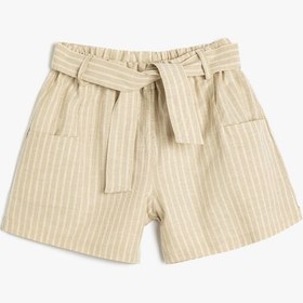 Resim Koton Keten Şort Beli Lastikli Kemer Detaylı Cepli Ekru Çizgili 4skg40179aw Ekru Çizgili Ekru 