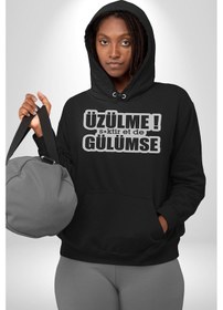 Resim Üzülme Gülümse Yazılı Kadın Erkek Siyah Kapüşonlu Sweatshirt Hoodie Siyah 