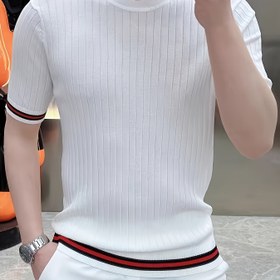Resim Yeni Şık Erkek Kısa Kollu Örgü Üst, Çatışmalı Çizgili Tie Mu Zhen OBM'den. 