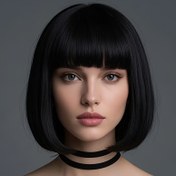 Resim Elegant Black Bob Saç Peri Düz Saçlar ile - Tüm Yüz Şekilleri için Rahat, Şık ve Çok Yönlü, Partiler ve Günlük Kullanım için Mükemmel, Parti Saç Peri | Şık Kısa Saç | Polyester Saç Peri 