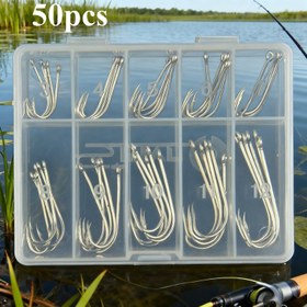 Resim Karışık Boyutlarda 50 Adet Gümüş Uzun Saplı Kancalı Balık Avı Kutusu - Yüksek Mukavemet, İyi Korozyon Direnci, Hem Tatlı Su Hem de Tuzlu Su Balıkları İçin Uygun, Levrek, Levrek Balığı, Alabalık, Sazan, Ton Balığı ve Yılanbaşı Balığı İçin Etkili, Yakalama Oranını Artırır 