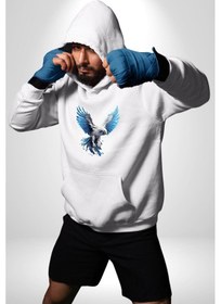 Resim Mavi Beyaz Kartal Kuş Kadın Erkek Beyaz Kapüşonlu Sweatshirt Hoodie Beyaz 