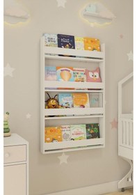 Resim Montessori Çocuk Kitaplığı 4 Raflı Duvar Tipi Beyaz Kitaplık - Eğitici Tasarım 
