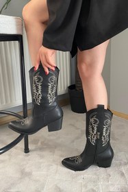 Resim Preshley Kadın Lori Siyah Deri Krem Melek Nakişli Fermuarli Western Kovboy Çizme Bot 