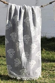 Resim %100 Pamuklu 90x180 Peştemal Plaj Havlusu Kurukafa Jakarlı ANTRASİT 