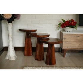 Resim Ahşap 3 Lü Set Kestane Renk Parlak Vernikli Fitilli Mantar Yan Sehpa Modern Ceviz 