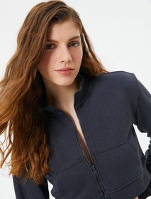 Resim Crop Fermuarlı Sweatshirt Kanguru Cepli Dik Yaka 