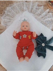 Resim Yenidoğan Saray Kadife Taç Nakışlı İnci Fiyonklu Dantel Duvak Trilüks Kundak Bebek Battaniye Yeşil 