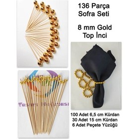 Resim 136 Parça Gold Küçük Top İnci Boncuklu Sofra Seti Uzun Kürdan Kısa Kürdan Peçete Halkası-inci 8 Mm 