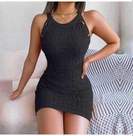 Resim Kadın İlkbahar Yaz Rahat Düz Renk Düğme Kolsuz Ekose Yüksek Bel Örme Sarılmış Kalça Elbise Siyah 