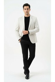 Resim Plus Scorpion Erkek Karyağdı Desenli Slim Fit Blazer Ceket - Siyah & Bej - Şık Günlük ve Ofis Kombin 