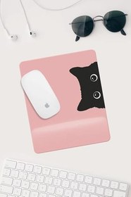 Resim HobiShop(105) Pembe Kedi Çizimli Bilek Destekli Dikdörtgen Mouse Pad Mouse Altlığı. Pembe 