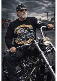 Resim Aybaak Fit Classic Oldman Motorsiklet Baskılı Uzun Kol Tişört Siyah 