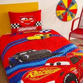 Resim TAÇ Disney Cars Race Track Standart Pamuk Nevresim Takımı, Kırmızı, Tek Kişilik 