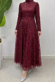 Resim Tesettür Diyarı Kares Kuşaklı İşlemeli Tesettür Abiye- Bordo 