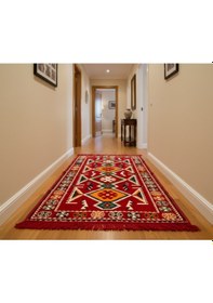 Resim Etnik Motifli Otantik Dekoratif Kilim Desenli Halı 80cmx200cm M4 Kırmızı 