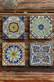 Resim Oscar Stone Decor Baskılı Doğaltaş Bardak Altlığı 4'Lü Set Desen Tile - Coaster Set 4Dsn-246 