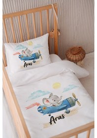 Resim %100 Pamuk Saten Isme Özel Isimli 100x150 Bebek Yatak Nevresim Seti Sevimli Pilot Fil 
