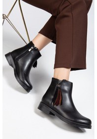 Resim 165-205 Siyah Cilt Yaprak Desenli Fermuarlı Günlük Kadın Bot Siyah 