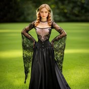 Resim JUNOVA Viktorya Gotik Yarı Şeffaf Dantel Yarım Elbise - Omuz Açık Uzun Kollu Parti Elbisesi, Kadınlar için Formal Halloween Kostümü, Gotik Viktorya Giyim, Tarihi Canlandırma, Dekoratif Korse Üstü, Detaylı Dantel İşçiliği 