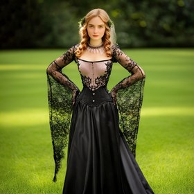 Resim JUNOVA Viktorya Gotik Yarı Şeffaf Dantel Yarım Elbise - Omuz Açık Uzun Kollu Parti Elbisesi, Kadınlar için Formal Halloween Kostümü, Gotik Viktorya Giyim, Tarihi Canlandırma, Dekoratif Korse Üstü, Detaylı Dantel İşçiliği 