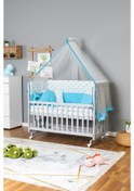 Resim Ahşap Beşik Anne Yanı Beşik Gri 60x120 - Mavi Balina Uyku Seti + Yataklı + Tekerlekli Gri 