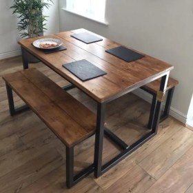 Resim Umut Park Metal Ahşap Yemek Masası ve Oturma Bankı. 