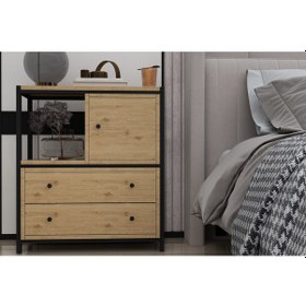 Resim Raflı İki Katlı Dolaplı 2 Çekmeceli Geniş Metal Komodin Meşe 80 Cm MTL-KMD-1016-M 