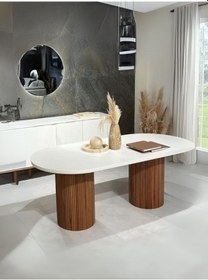 Resim Echo İskandinav Oval Ahşap Bohem Masa 90x160 Ceviz - Beyaz 