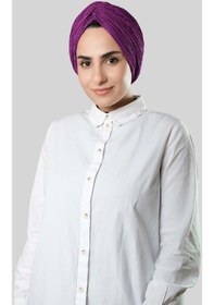 Resim Hürrem Bone Şarabi Çapraz Büzgülü Piliseli Tesettür Bone Fukuro Kendinden Desenli 2316 08 Mor 