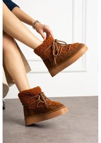 Resim Shoetek Leonya Kadın Bot Bağcıklı Kürklü Taba Süet Taba Suet 