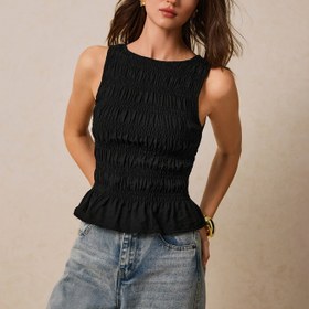Resim Kadınların şık kolsuz ruched crop topu - Dar kesim düz siyah, yuvarlak yaka, yüksek bel kot pantolonu, yazlık rahat giyim, yüksek bel kot pantolonu 