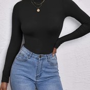 Resim Kadınların Yüksek Yaka Uzun Kollu Kırpma Üstü - Esnek Siyah Polyester Karışımı, Düğme Detayı ile Rahat Şık Fit, Sonbahar/Kış için Mükemmel, Rahat Şık Üst|Minimalist Tarz|Polyester Karışımı 