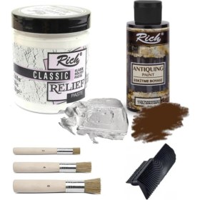 Resim Rich Rölyef Pasta Klasik 350 gr Beyaz Eskitme Boyası Stencil Fırça 4'lü Ponpon Fırça Doku Tarağı Set 