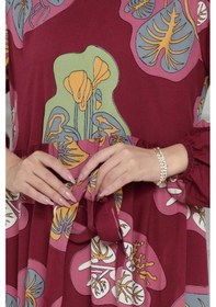 Resim Sevitli Desenli Kuşaklı Viscon Elbise-bordo-4105-bordo Bordo 