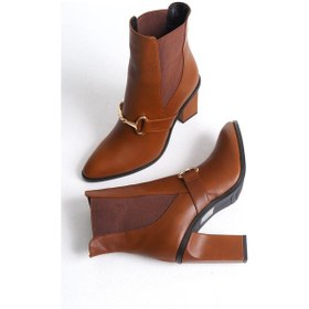 Resim Mubiano Hakiki Deri Collection Kadın Metal Tokalı Lastik Detaylı Topuklu Kısa Bot Taba - Mcalm2262 - Tb Taba 