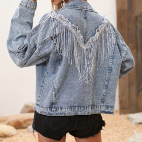 Resim Pullu Püskül Parti Müzik Festivali Tarzı Uzun Kollu Bol Kesim Kot Ceket, Kadın Kot Pantolon ve Giyim 