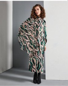 Resim Kadın Asimetrik Desenli Uzun Elbise Piliseli Ve Yaka Aksesuarlı Tasarım Yeşil 