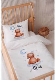 Resim %100 Pamuk Saten Isme Özel Isimli 100x150 Bebek Yatak Nevresim Seti Ayıcık 