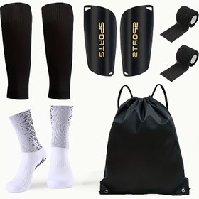 Resim 5 Parça Futbol Ekipman Seti, Silikon Tutma Çorapları, Baldır Kollukları, İpli Sırt Çantası ve Bacak Pedleri İçerir - Antrenman ve Fitness için Çizgili Polyester 