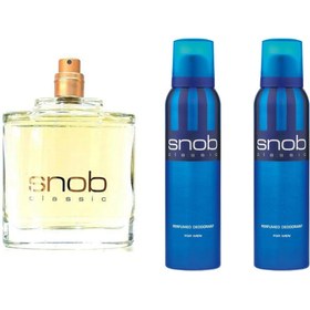 Resim Snob Mavi Klasik Erkek Parfüm (Kutusuz Ve Kapaksız) 100ml Edt + 2 Adet 150 ml Snop Deodorant 