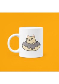 Resim Donut Cat Baskılı Porselen Kupa 330ml Beyaz 