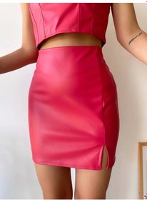 Resim Biçomi Tek Yırtmaçlı Arkadan Fermuarlı Deri Etek Fuşya S24475 Fuşya 