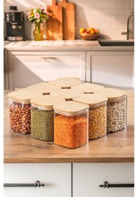 Resim Porsima 5-3 Bambu Vakumlu Kapaklı Kare Borsilikat Cam 9lu Kavanoz Seti Saklama Kabı 750ml 7,5x15cm Ahşap - Şeffaf 