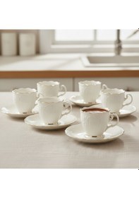 Resim Amara Kabartma Vintage Yaldızlı Model 6 Kişilik Porselen Krem Kahve Fincan Takımı 90 Ml. Krem - Altın 