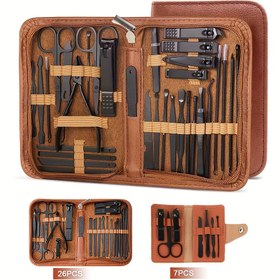 Resim Paslanmaz Çelik Tırnak Makasları ve Bakım Araçları ile Tam Bir Set, Lüks Deri Seyahat Çantasında Paketlenmiş, Taşınması Kolay, 7/26 adet Seyahat Tırnak Makasları Seti dahil, Kahverengi, Taşınabilir Düz Bevel Manikür Makasları Ev Tırnak Makasları Tam Set Tırnak Makasları ve Tırnak Sanatı Seti Yüksek Kaliteli Bakım Ev Paslanmaz Çelik Tırnak Makasları Seti 