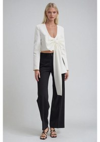 Resim Büyük Fiyonk Detaylı Derin V Yaka Crop Blazer Ceket 6188 Beyaz 